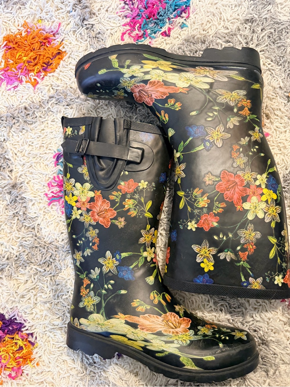 Merona Black Floral Rain Boots with Multicolor Blooms